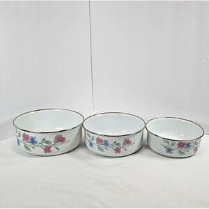 Vintage Floral Enamel Bowls Set 3 Metal Rim Nesting Kitchen Farmhouse Decor